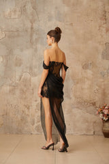 Haven Maxi Dress Black Floral Lace Corset & Tulle Panel Off - Shoulder Slit