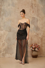 Haven Maxi Dress Black Floral Lace Corset & Tulle Panel Off - Shoulder Slit