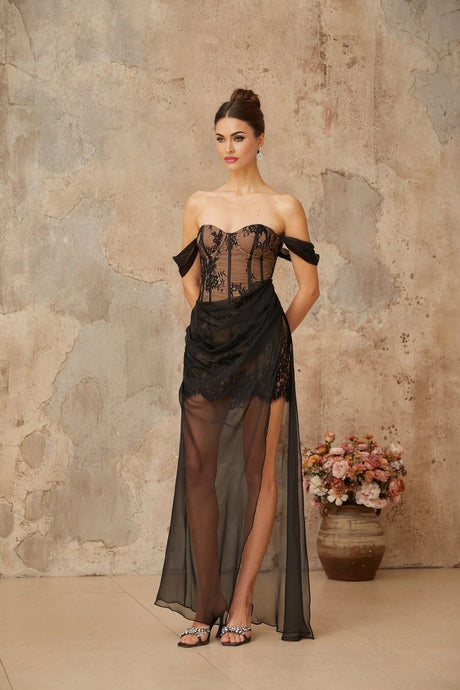 Haven Maxi Dress Black Floral Lace Corset & Tulle Panel Off - Shoulder Slit
