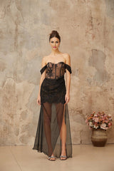 Haven Maxi Dress Black Floral Lace Corset & Tulle Panel Off - Shoulder Slit