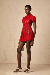 Haven Mini Dress - Classic Collar - Short Sleeves - Lace Overlay - Sequin Embellishment