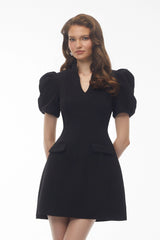 Hazel Black VNeck Puff Sleeve Mini Dress