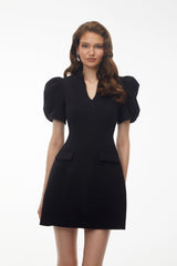 Hazel Black VNeck Puff Sleeve Mini Dress