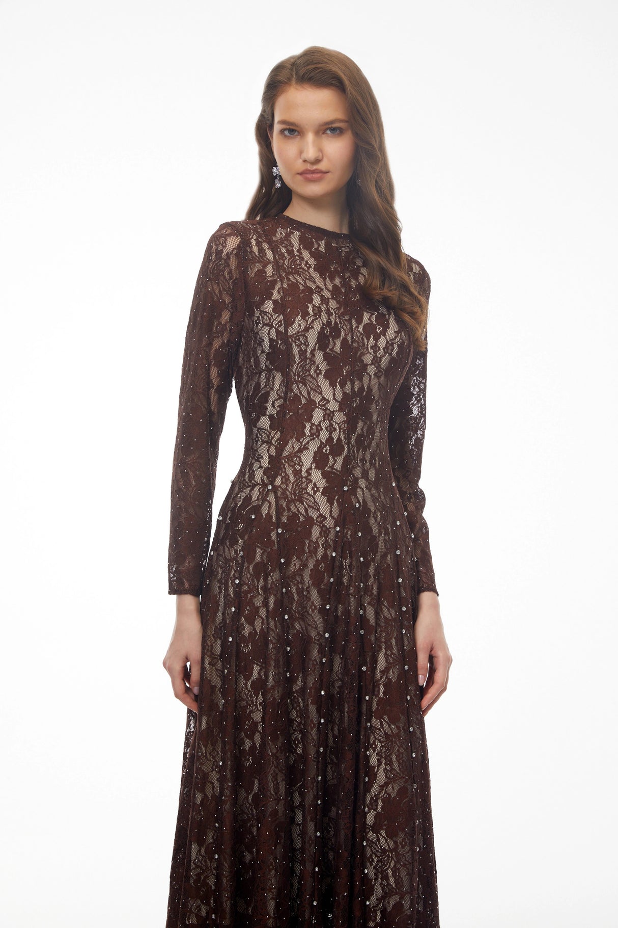 Hazel Brown Round Neck Floral Lace Maxi Dress
