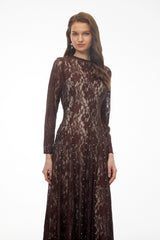 Hazel Brown Round Neck Floral Lace Maxi Dress
