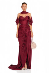 Hazel Burgundy Asymmetrical Draped Maxi Dress