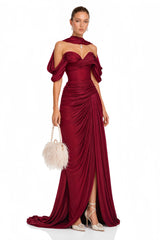 Hazel Burgundy Asymmetrical Draped Maxi Dress