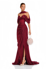 Hazel Burgundy Asymmetrical Draped Maxi Dress