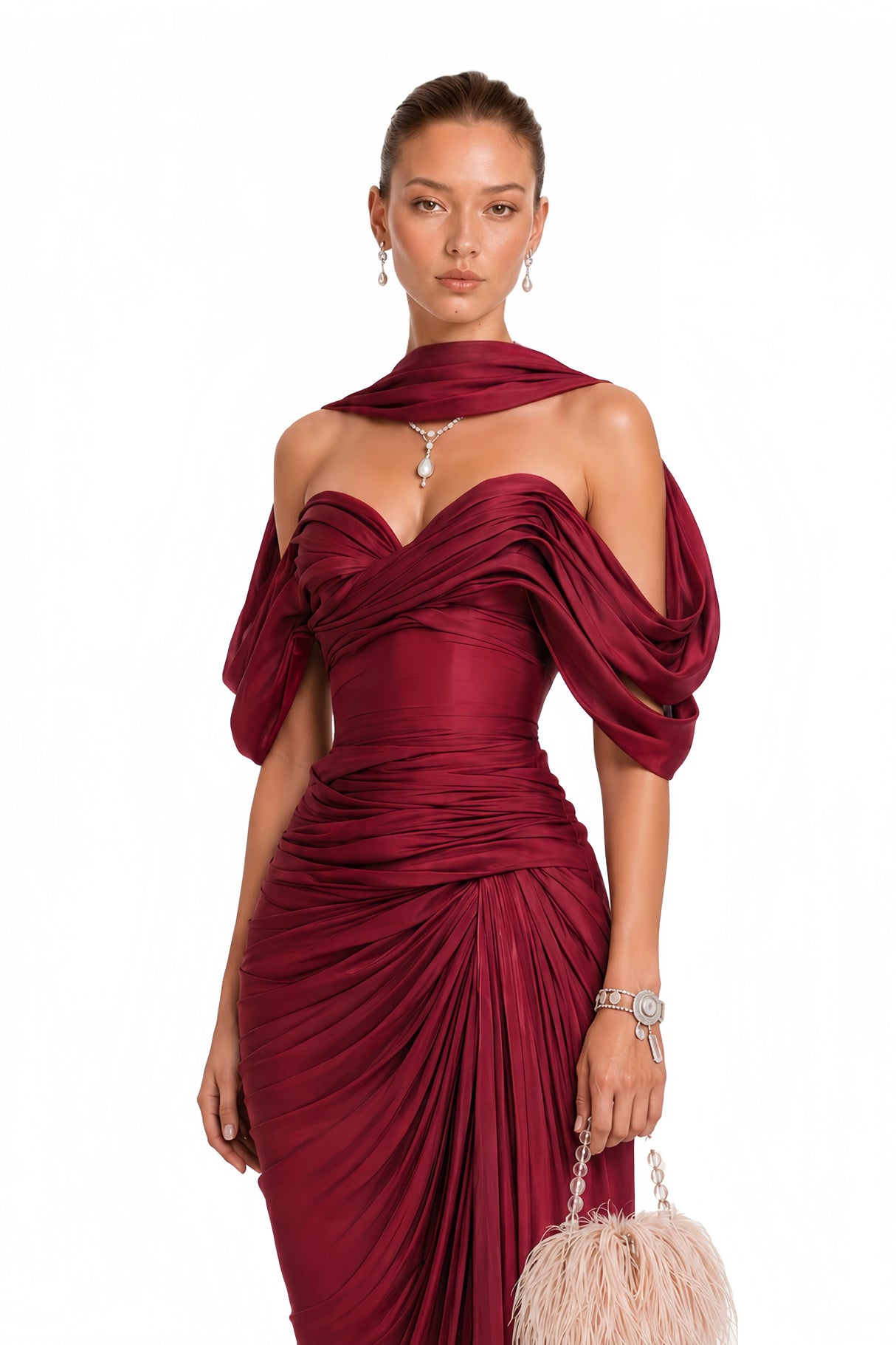 Hazel Burgundy Asymmetrical Draped Maxi Dress