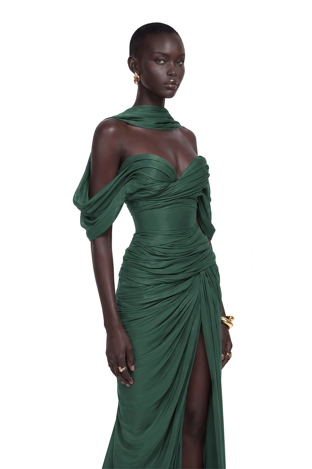 Hazel Green Asymmetrical Draped Maxi Dress