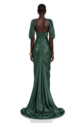 Hazel Green Asymmetrical Draped Maxi Dress