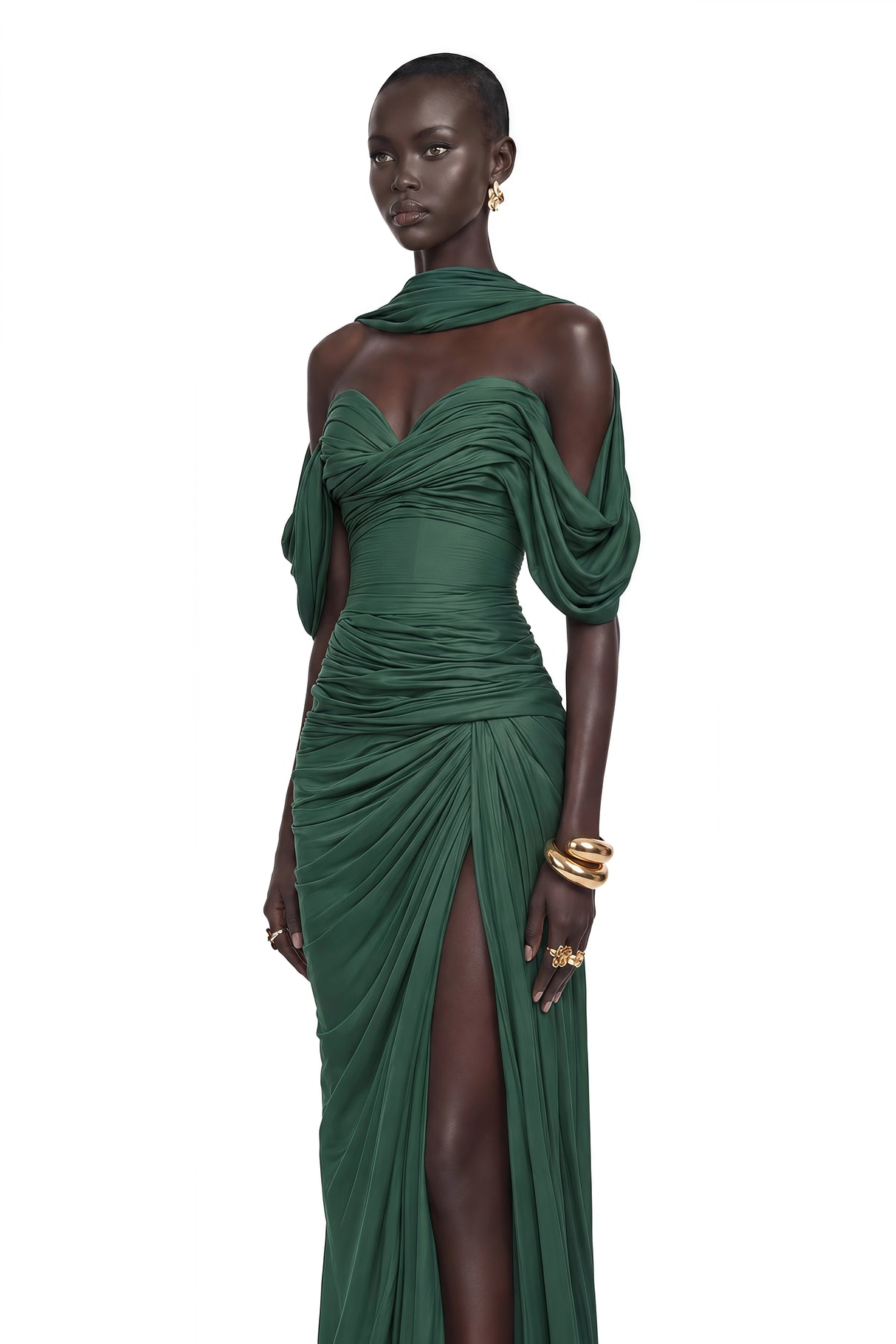 Hazel Green Asymmetrical Draped Maxi Dress
