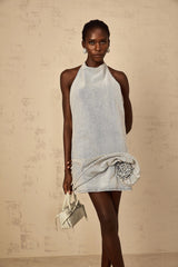 Hazel Mini Dress Light - Blue Halter - neck Floral Appliqu & Twist Detailing