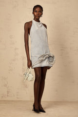 Hazel Mini Dress Light - Blue Halter - neck Floral Appliqu & Twist Detailing