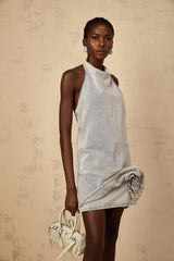 Hazel Mini Dress Light - Blue Halter - neck Floral Appliqu & Twist Detailing