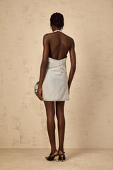Hazel Mini Dress Light - Blue Halter - neck Floral Appliqu & Twist Detailing