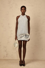 Hazel Mini Dress Light - Blue Halter - neck Floral Appliqu & Twist Detailing