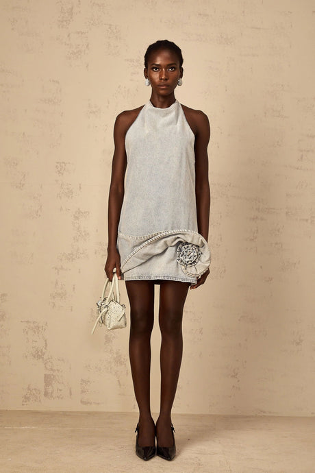 Hazel Mini Dress Light - Blue Halter - neck Floral Appliqu & Twist Detailing