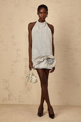 Hazel Mini Dress Light - Blue Halter - neck Floral Appliqu & Twist Detailing