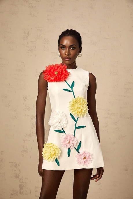 Hazel Mini Dress White 3D - Petal Sleeveless Thigh - Length