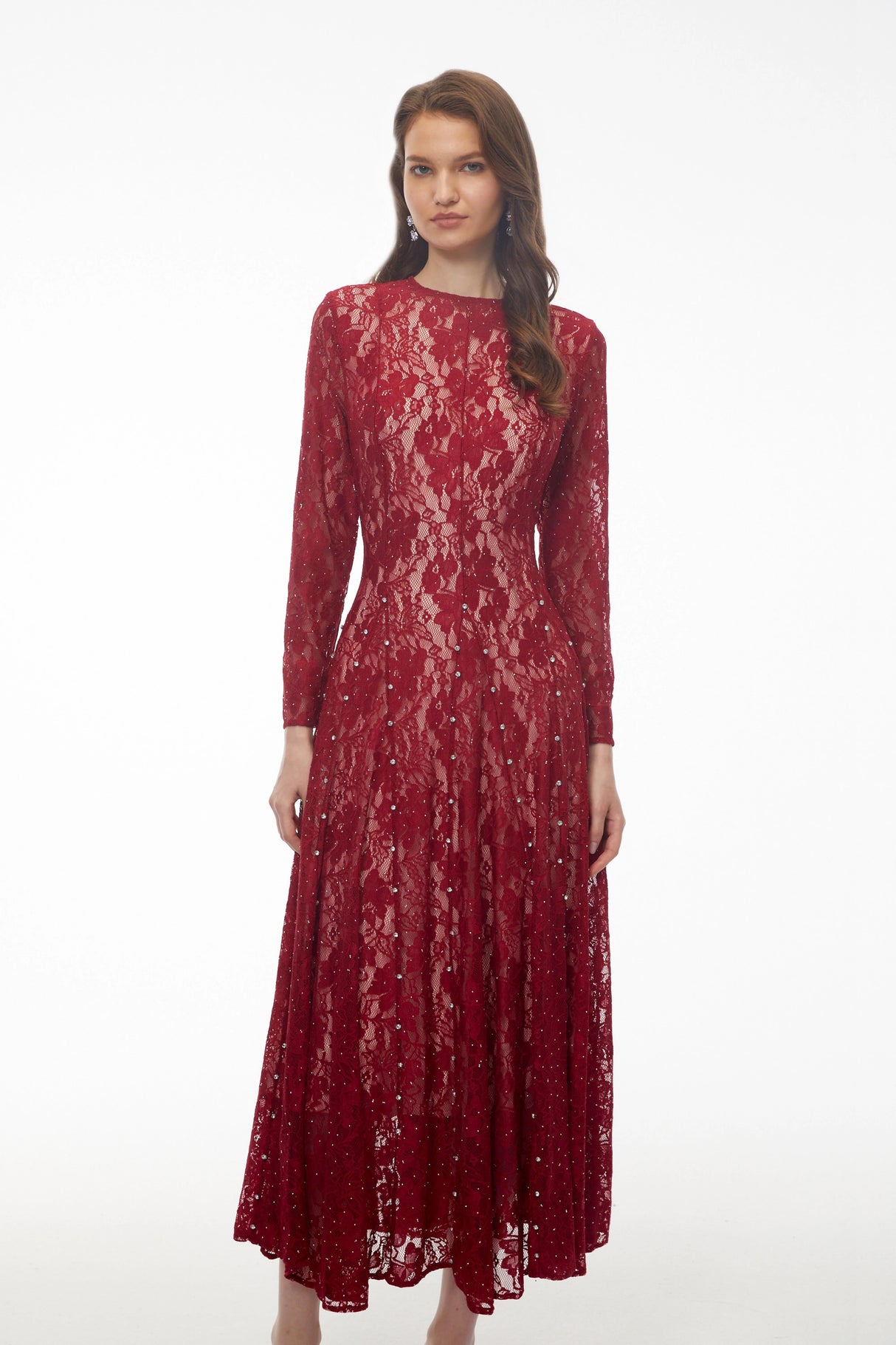 Hazel Red Round Neck Floral Lace Maxi Dress