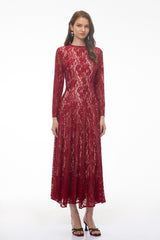 Hazel Red Round Neck Floral Lace Maxi Dress