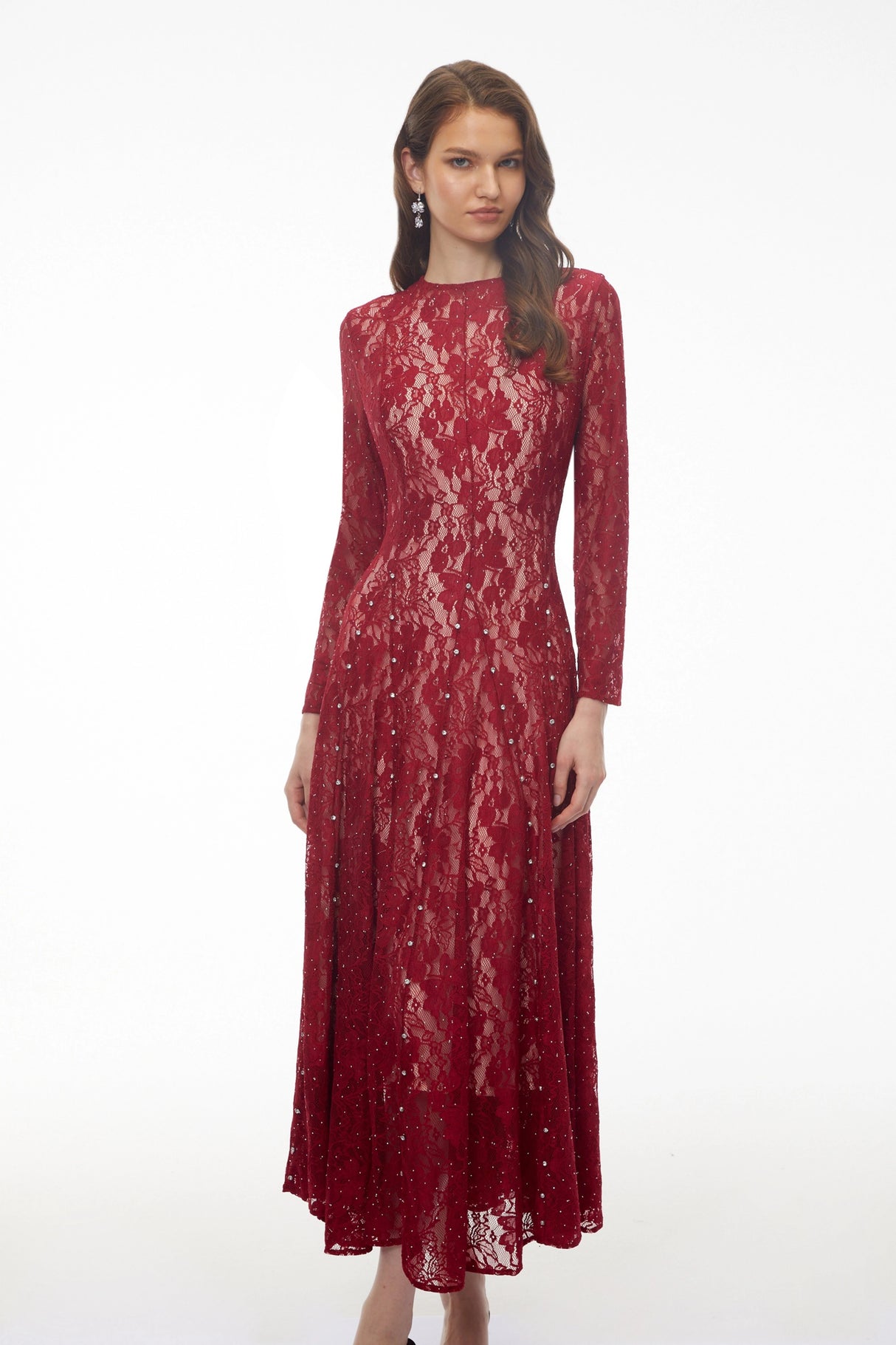 Hazel Red Round Neck Floral Lace Maxi Dress