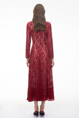 Hazel Red Round Neck Floral Lace Maxi Dress