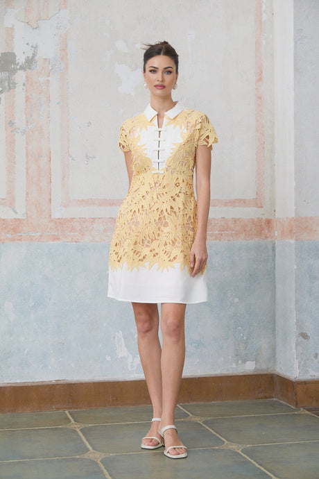 Heaven Mini Dress - Classic Collar Design - Crochet Detailing - Leaf Appliqu - Bowknot Embellishment