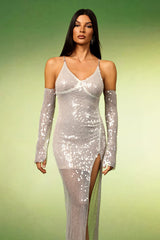 Heaven Silver Sequin Maxi Dress with Diamond Slit