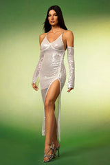 Heaven Silver Sequin Maxi Dress with Diamond Slit