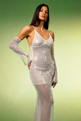 Heaven Silver Sequin Maxi Dress with Diamond Slit