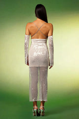 Heaven Silver Sequin Maxi Dress with Diamond Slit and Long Sleeves