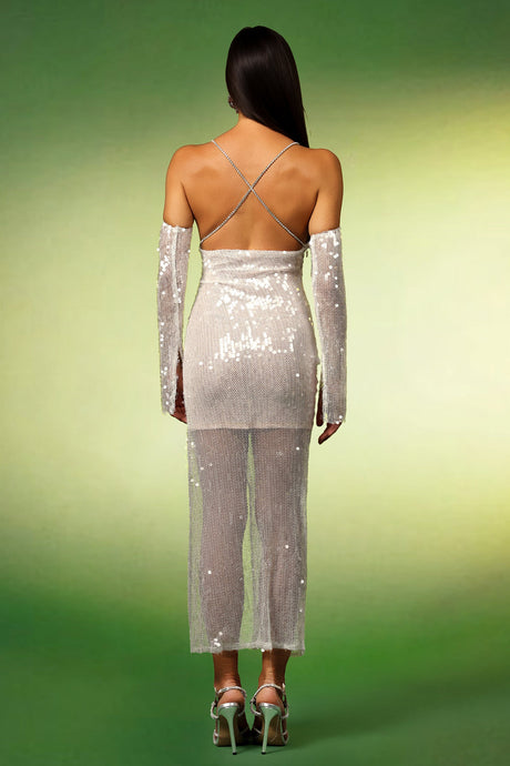 Heaven Silver Sequin Maxi Dress with Diamond Slit and Long Sleeves