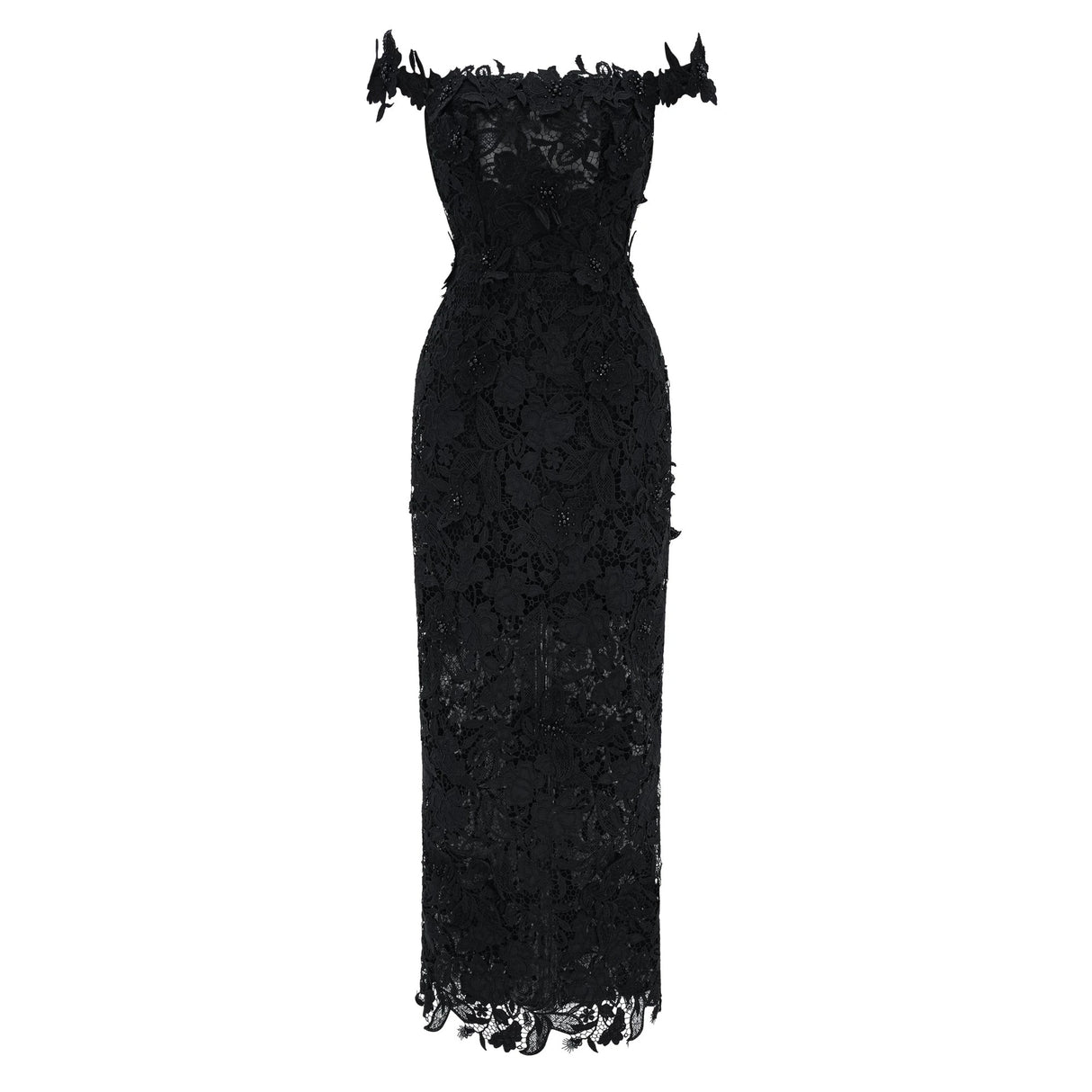 Hecate Black Beaded Lace Maxi Dress with 3D Florals