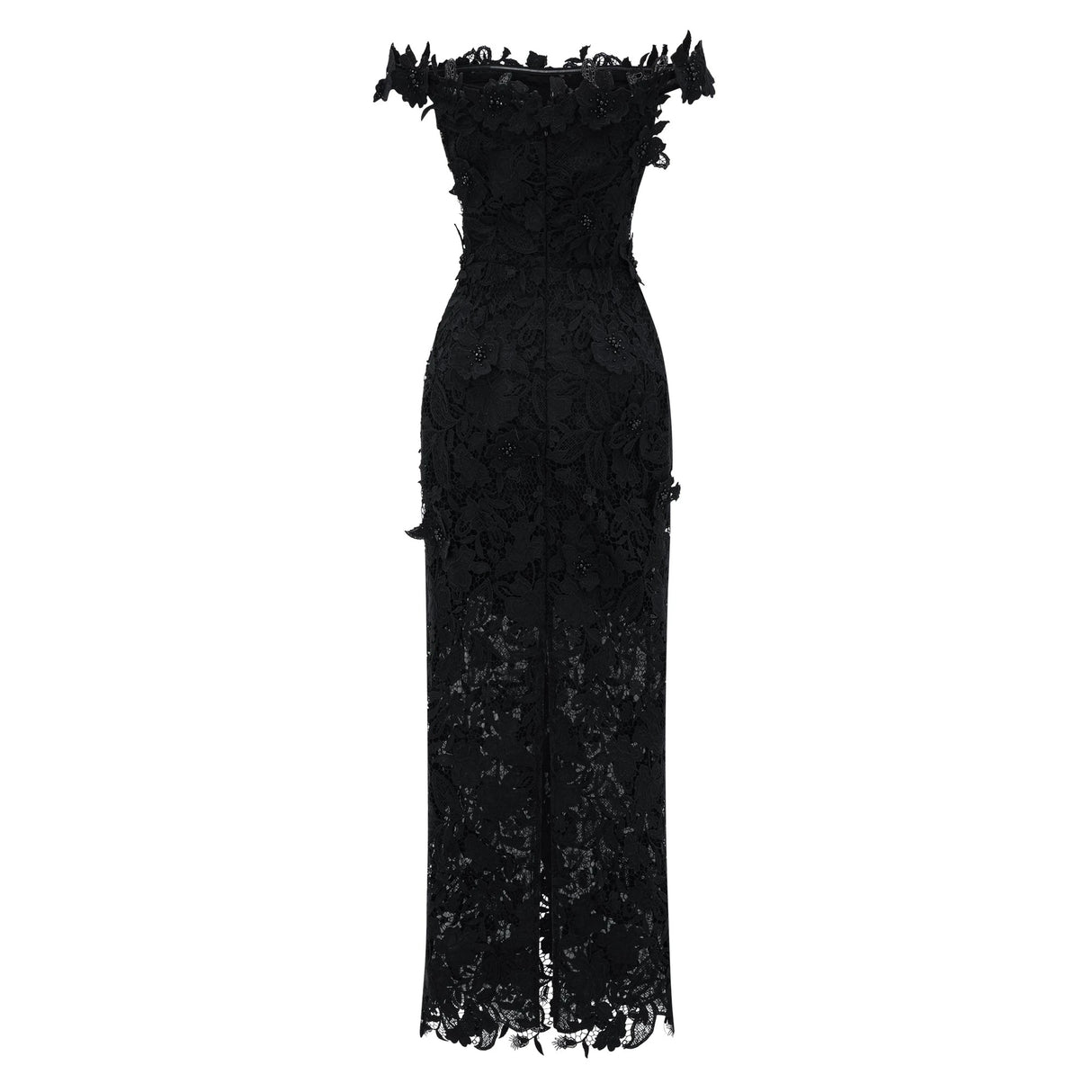 Hecate Black Beaded Lace Maxi Dress with 3D Florals