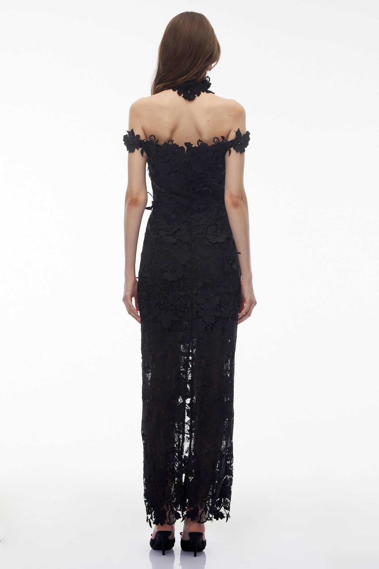 Hecate Black Beaded Lace Maxi Dress with 3D Florals