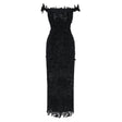 Hecate Black Beaded Lace Maxi Dress with 3D Florals