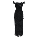 Hecate Black Beaded Lace Maxi Dress with 3D Florals