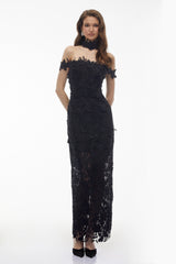 Hecate Black Beaded Lace Maxi Dress with 3D Florals
