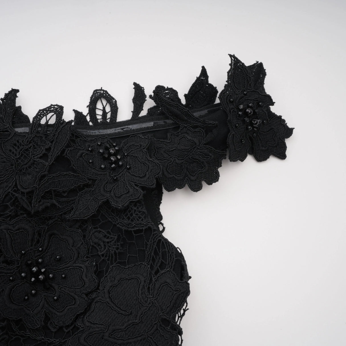 Hecate Black Beaded Lace Maxi Dress with 3D Florals