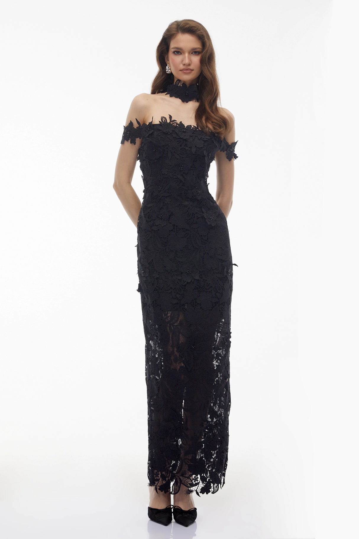 Hecate Black Beaded Lace Maxi Dress with 3D Florals