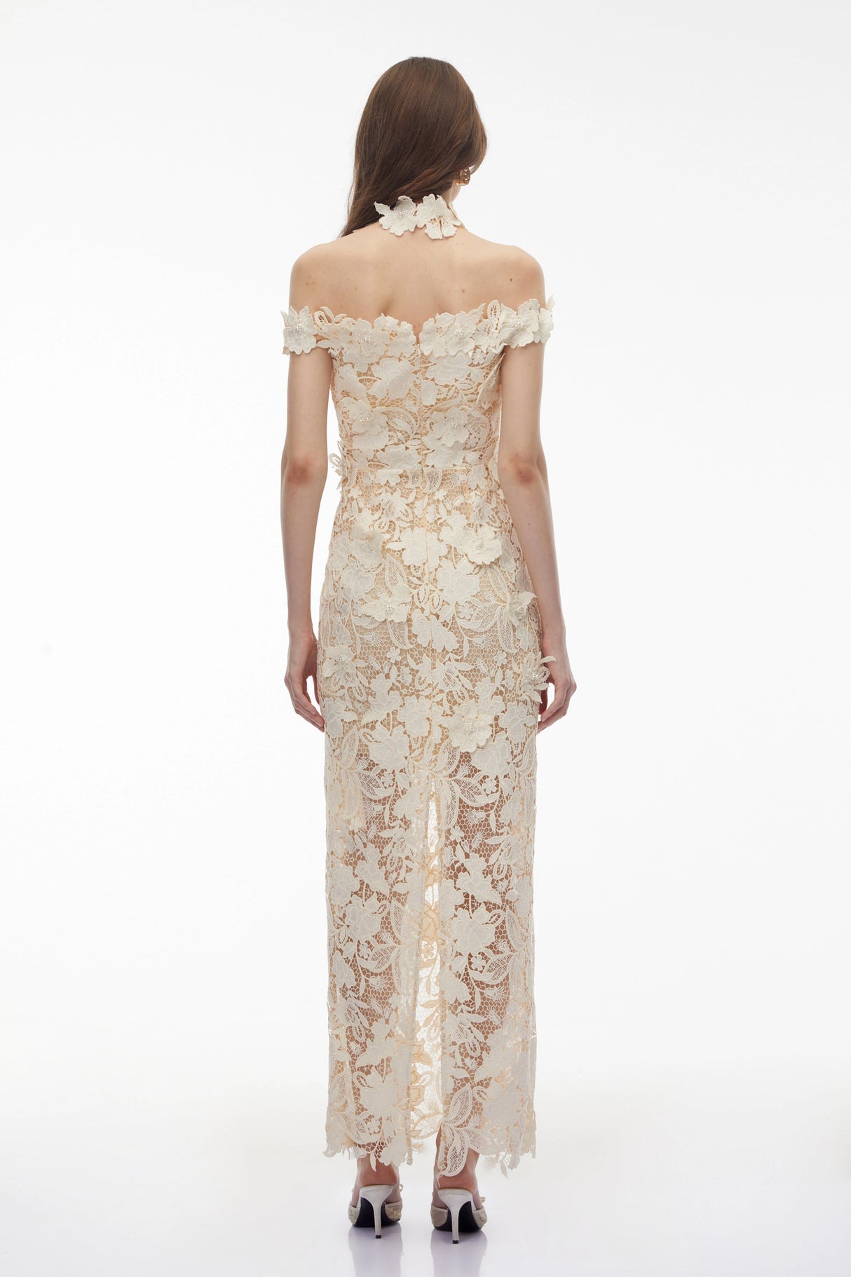 Hecate White Beaded Lace Maxi Dress with 3D Florals