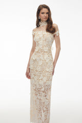 Hecate White Beaded Lace Maxi Dress with 3D Florals