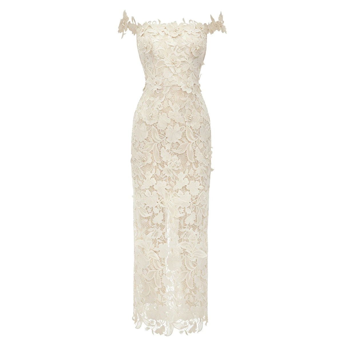 Hecate White Beaded Lace Maxi Dress with 3D Florals