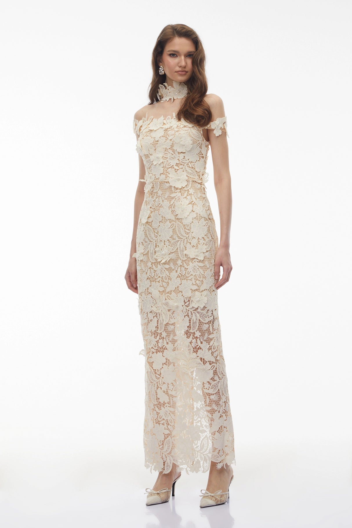 Hecate White Beaded Lace Maxi Dress with 3D Florals
