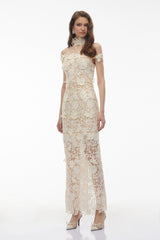 Hecate White Beaded Lace Maxi Dress with 3D Florals