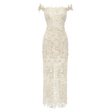 Hecate White Beaded Lace Maxi Dress with 3D Florals