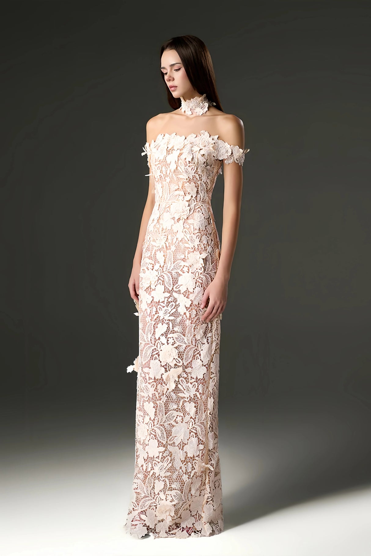 Hecate White Beaded Lace Maxi Dress with 3D Florals
