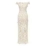 Hecate White Beaded Lace Maxi Dress with 3D Florals